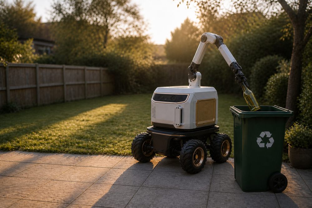 The real robot placing a bottle into a recycling bin in the same garden, now cleared, in morning light