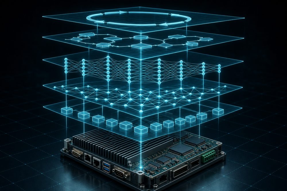 The software stack drawn as translucent layers stacked above a solid embedded compute board: sensor drivers, a middleware mesh, a neural network graph, conventional algorithm blocks and a control loop