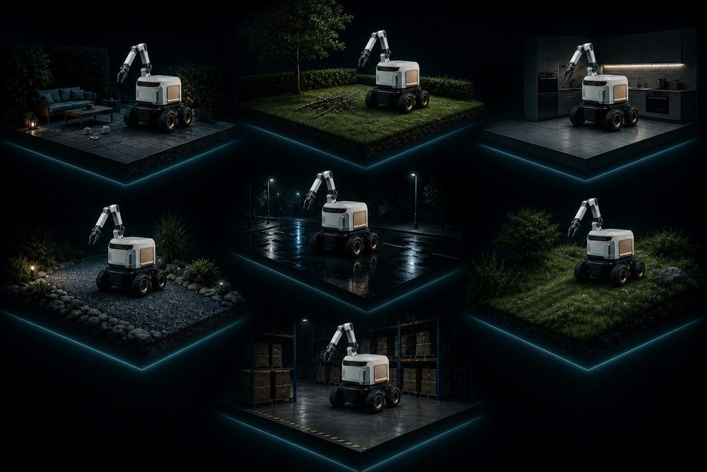 One robot repeated across seven floating dioramas, each a different environment — patio, lawn, kitchen, driveway, wet street, slope and warehouse
