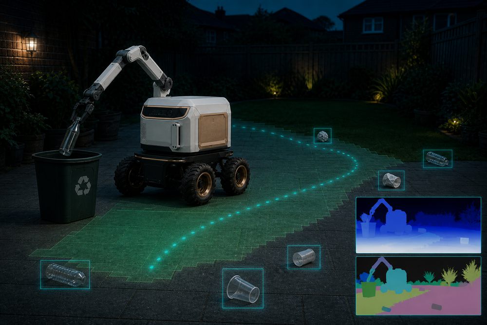 A simulated robot binning a bottle, with detection boxes on the remaining litter, a cleared-area overlay, a driven-path trail and inset depth and segmentation views